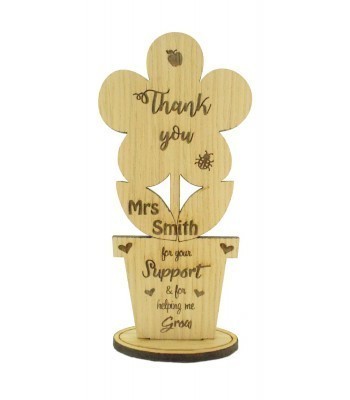 Oak Veneer flower on stand - Personalised thank you for your support and for helping me grow